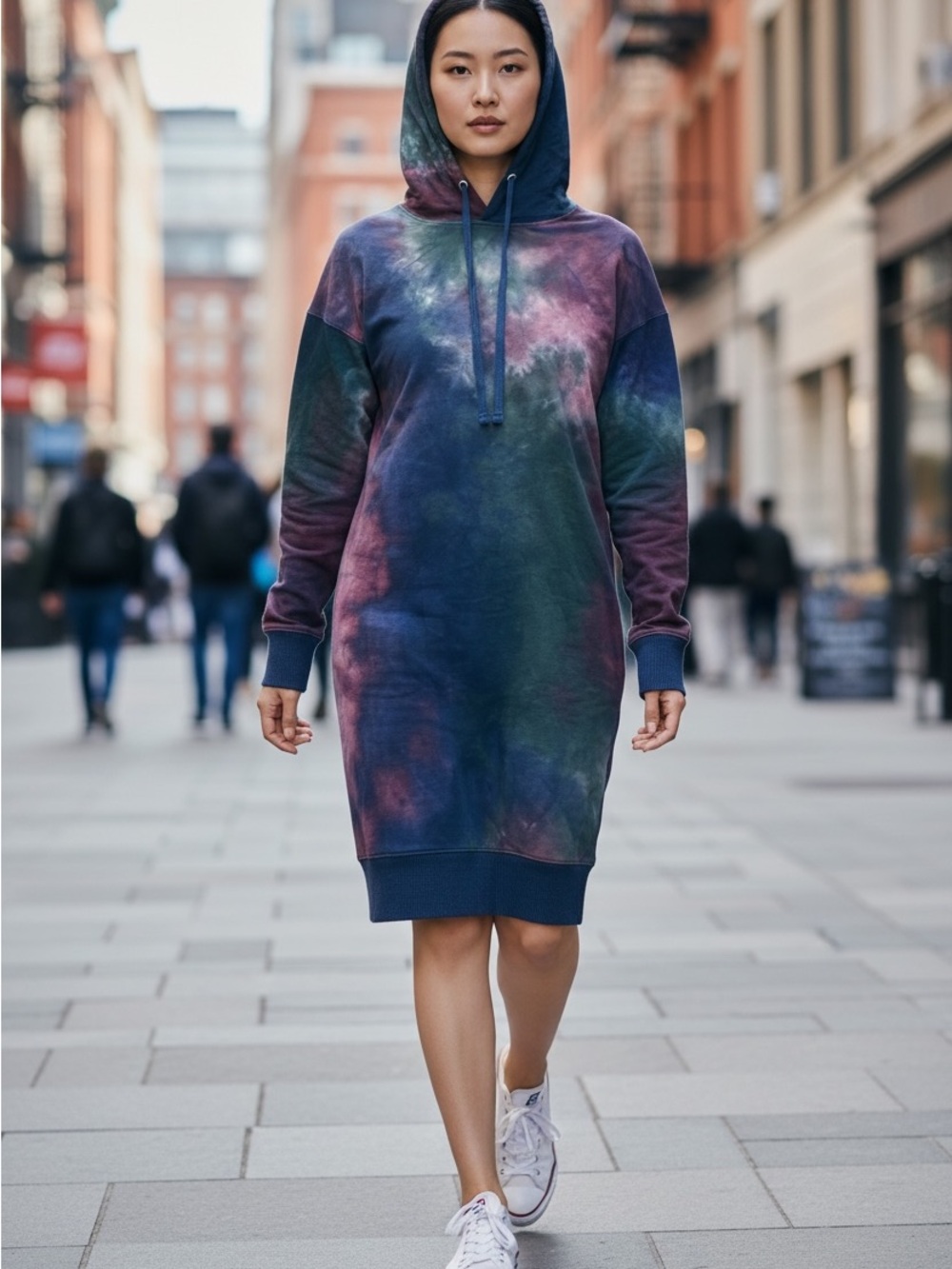 Stitchdrop Blue Purple Green Tie Dye Hooded Hoodie Dress Long Sleeve XS Cotton